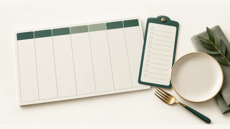Weekly Meal Planner — An undated weekly meal-planning sheet, blank shopping checklist, and ivory plate.