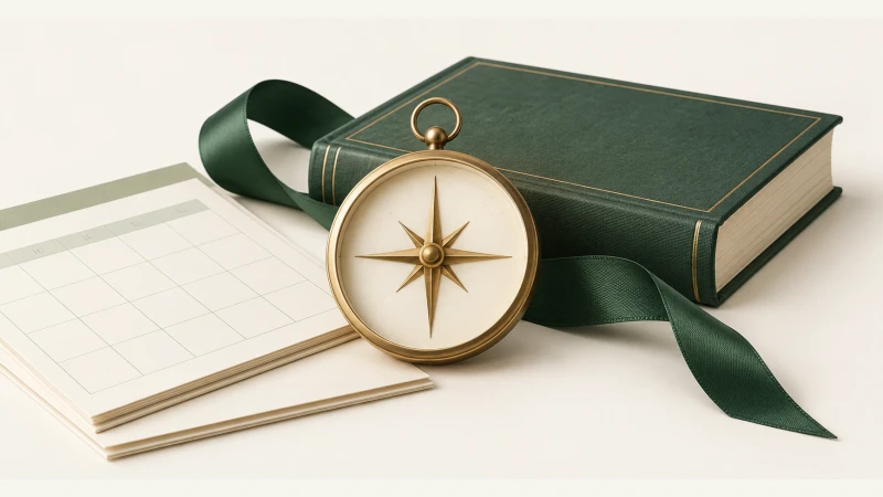 When Is Columbus Day in 2027? — Print Grid Calendar illustration When Is Columbus Day in 2027? — A compass, ivory book, and green ribbon.