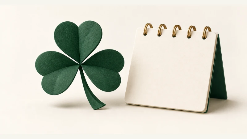 When Is St. Patrick’s Day in 2027? — Print Grid Calendar illustration When Is St. Patrick’s Day in 2027? — A forest green three-leaf shamrock beside a blank ivory date card.