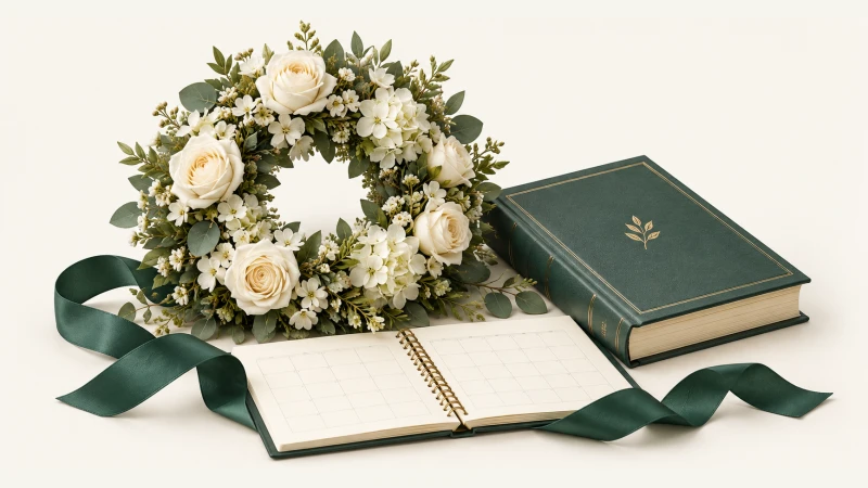 When Is Veterans Day in 2027? — Print Grid Calendar illustration When Is Veterans Day in 2027? — A remembrance wreath, book, and green ribbon.