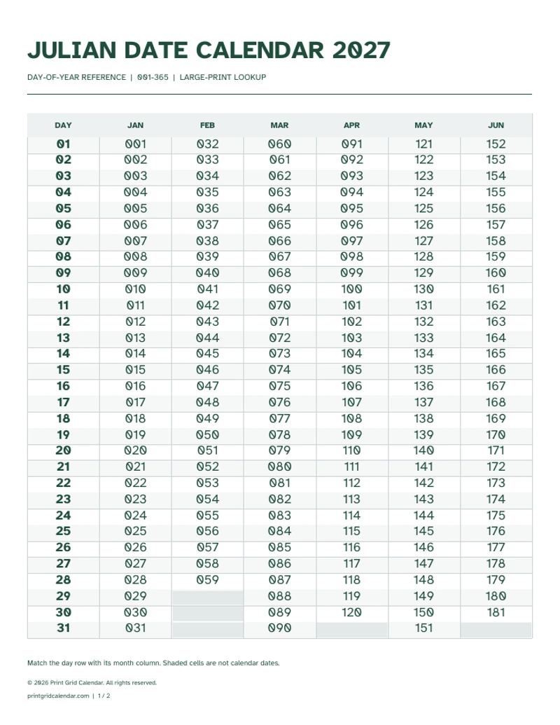 Julian Calendar 2027 — Large-print lookup — first PDF page