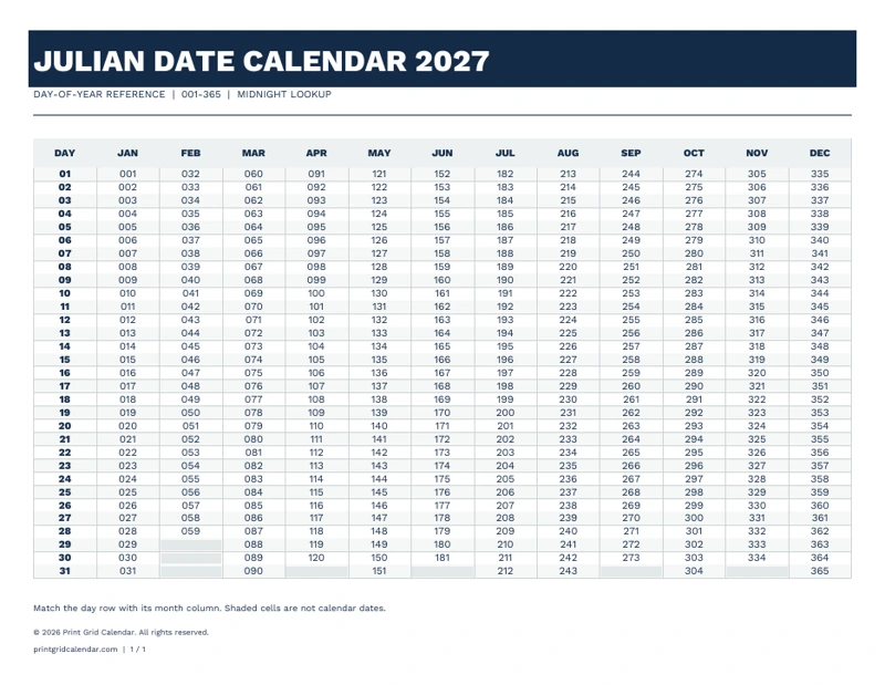 Julian Calendar 2027 — Midnight lookup — actual printable PDF