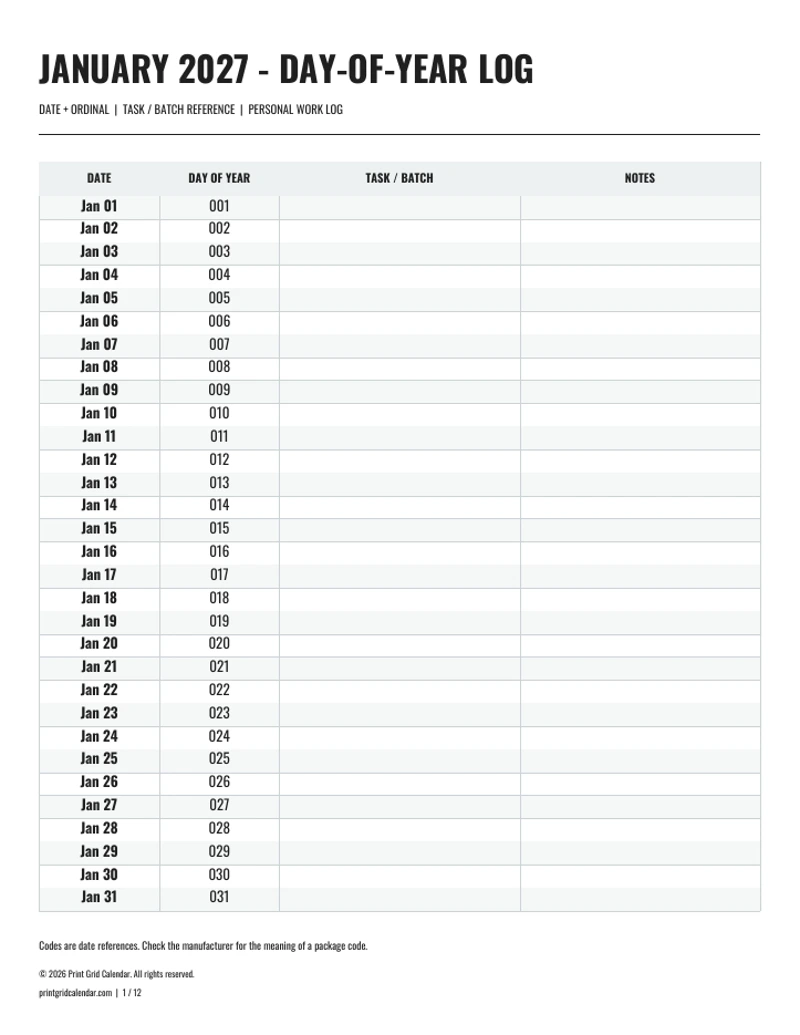 Julian Calendar 2027 — Monthly work log — first PDF page