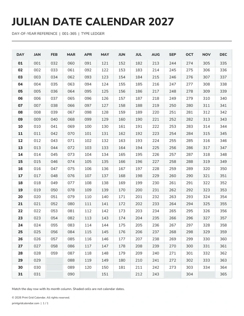 Julian Calendar 2027 — Type ledger — first PDF page