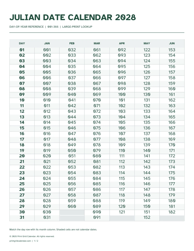 Julian Calendar 2028 — Large-print lookup — first PDF page