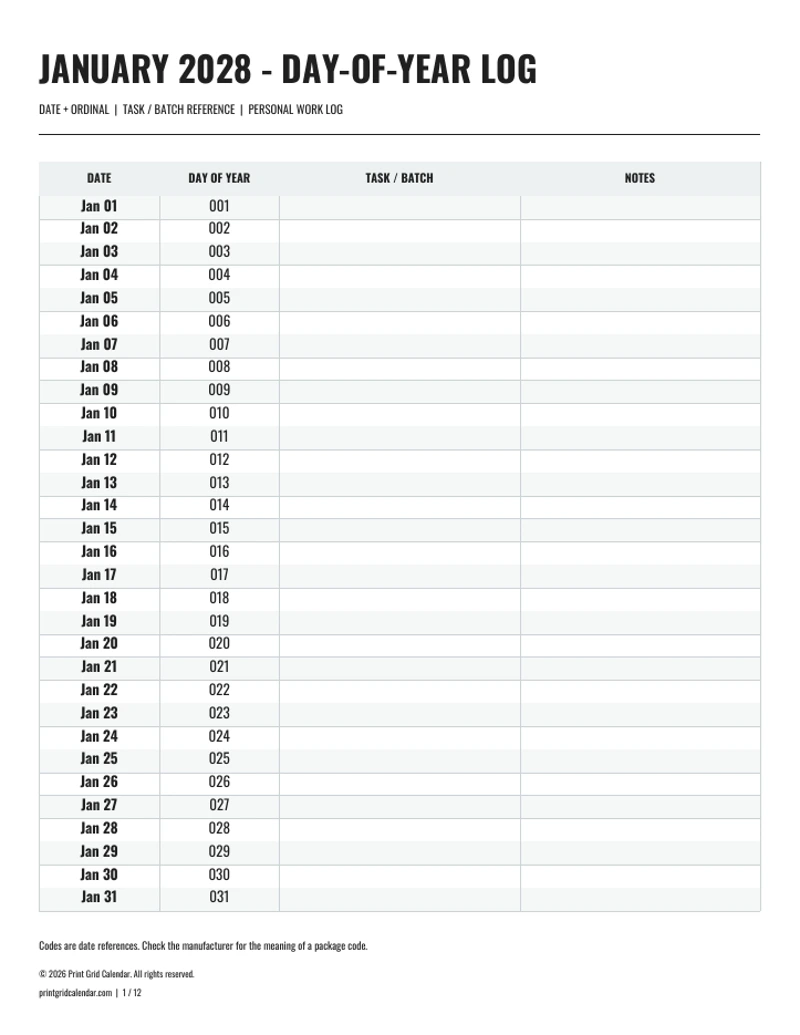 Julian Calendar 2028 — Monthly work log — first PDF page