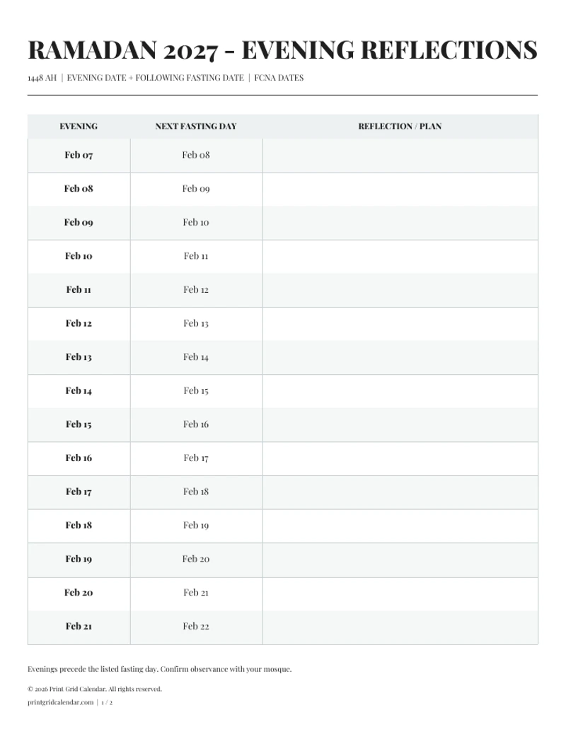 Ramadan Calendar 2027 — Evening reflection planner — first PDF page