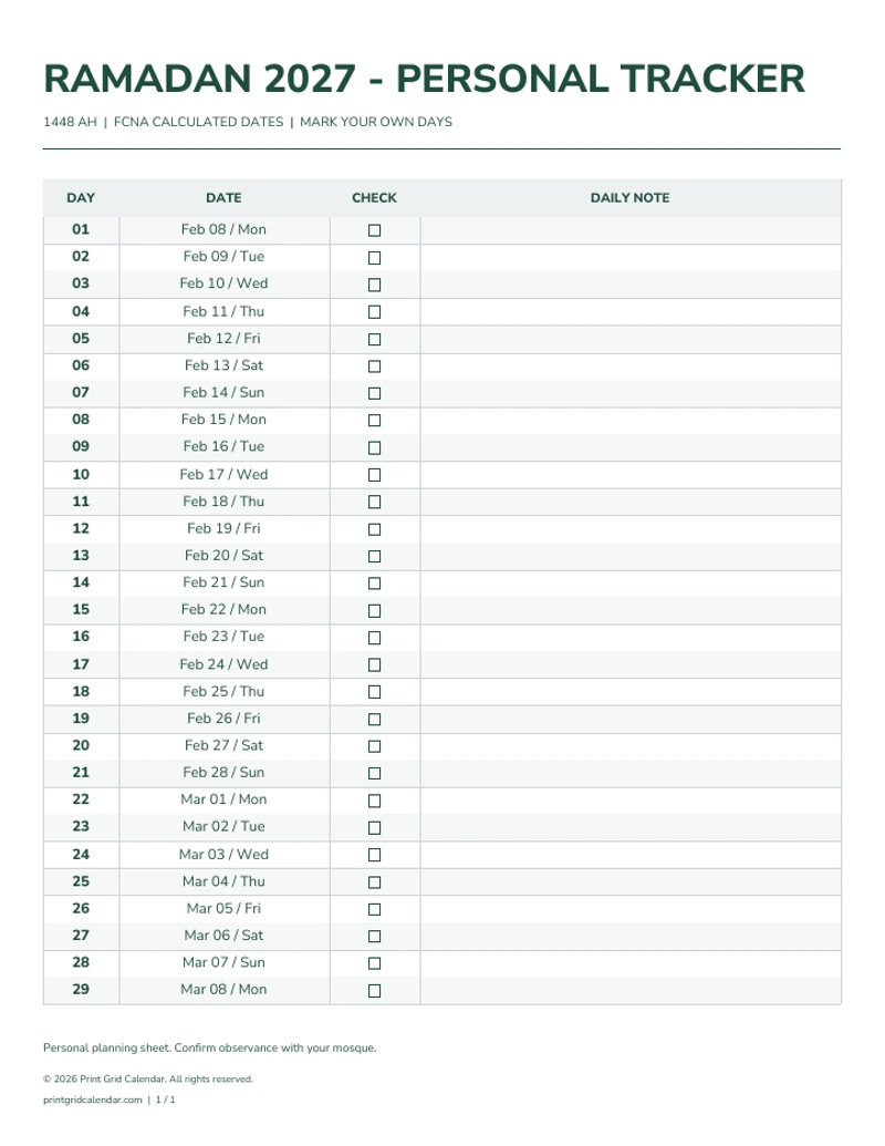 Ramadan Calendar 2027 — Personal fasting tracker — first PDF page