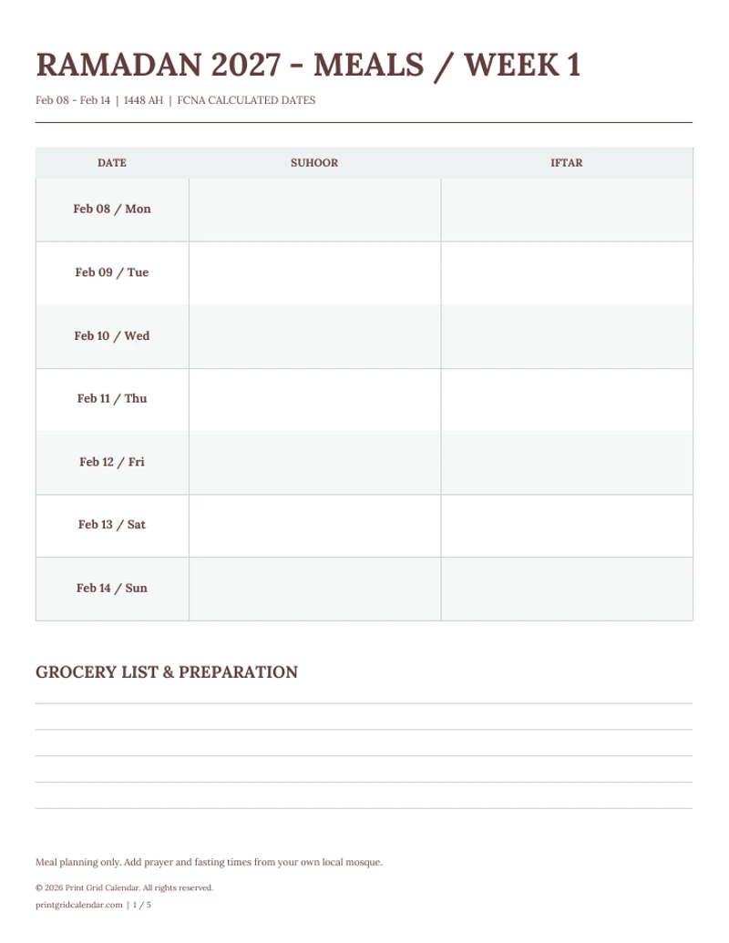 Ramadan Calendar 2027 — Suhoor & iftar meal planner — first PDF page