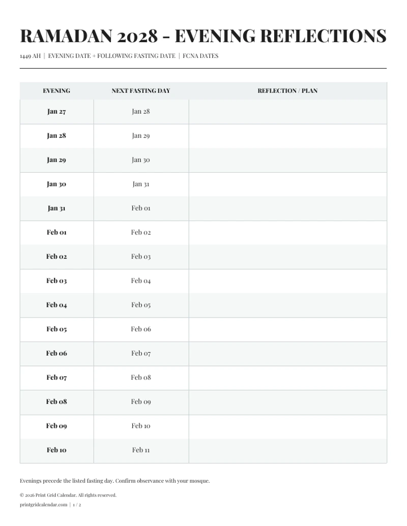 Ramadan Calendar 2028 — Evening reflection planner — first PDF page
