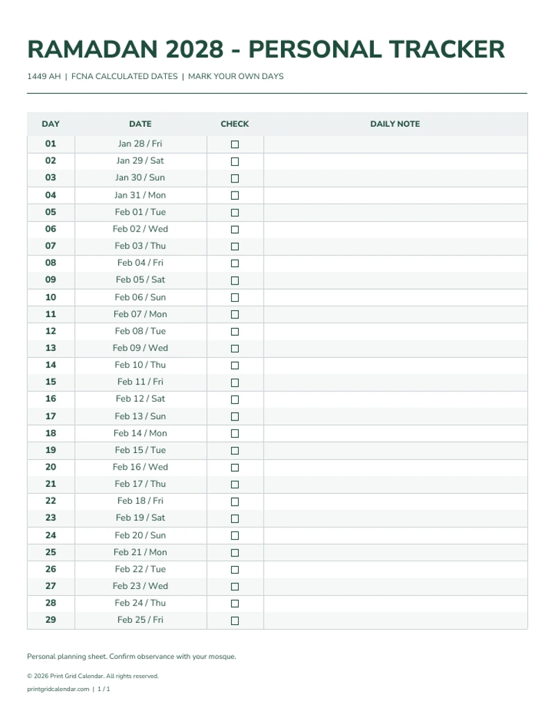 Ramadan Calendar 2028 — Personal fasting tracker — first PDF page