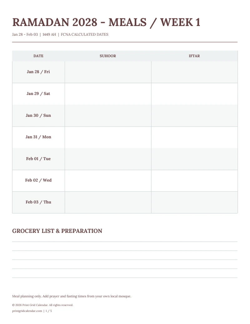 Ramadan Calendar 2028 — Suhoor & iftar meal planner — first PDF page